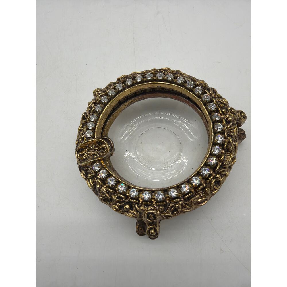 Celeste 1970’s Gold Metal And Crystal Footed Glass Ashtray Trinket Dish
